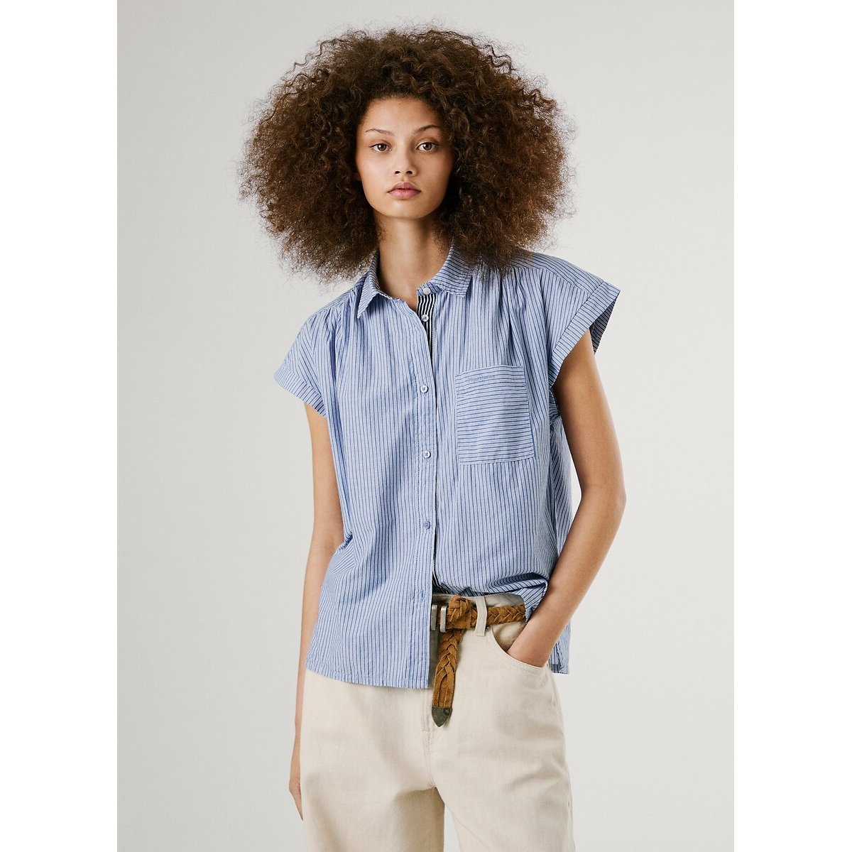 Short Blouse with Fine Stripes blue striped, PEPE JEANS