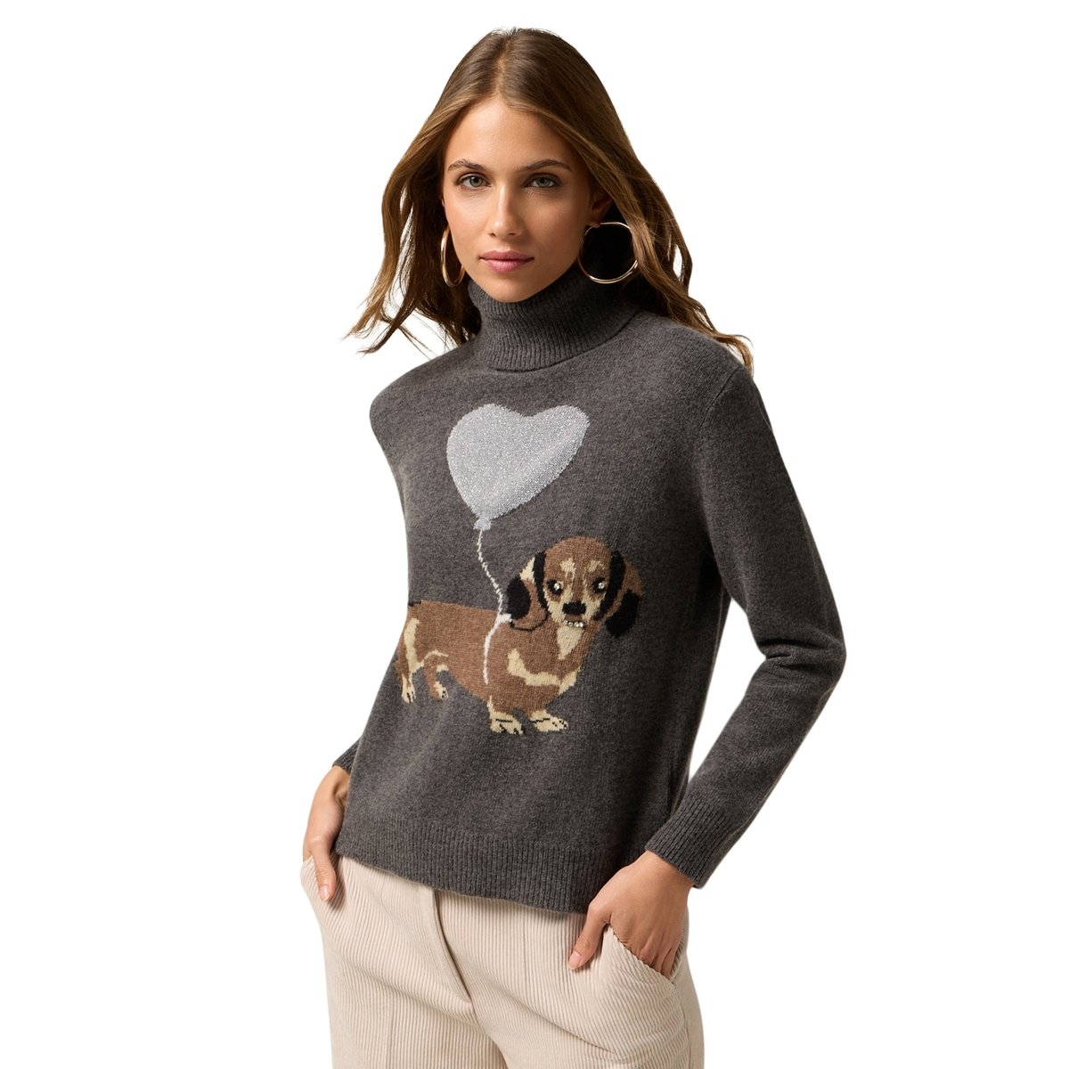 Pull à col roulé avec broderie et sertissages gris, OLTRE
