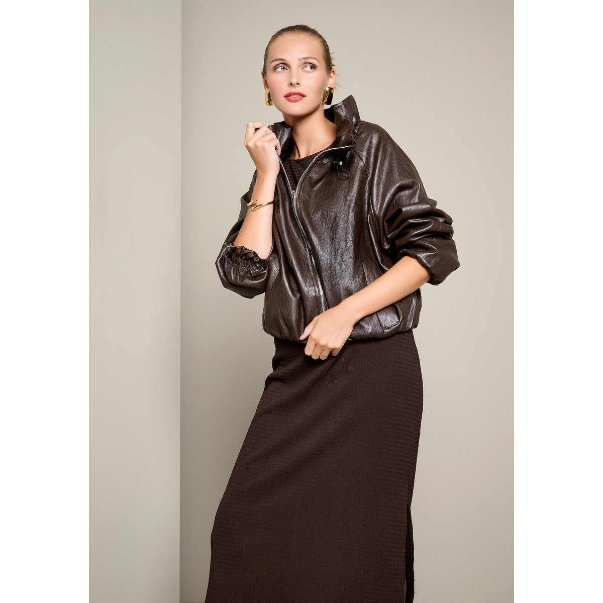 Bomber effet cuir col froncé brun fonce chocolate, LOLALIZA