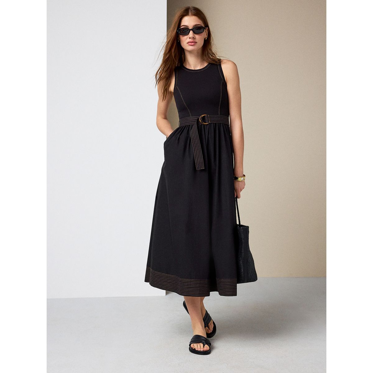 Robe midi 2-en-1 en tissu mélangé à ceinture noir, NEXT