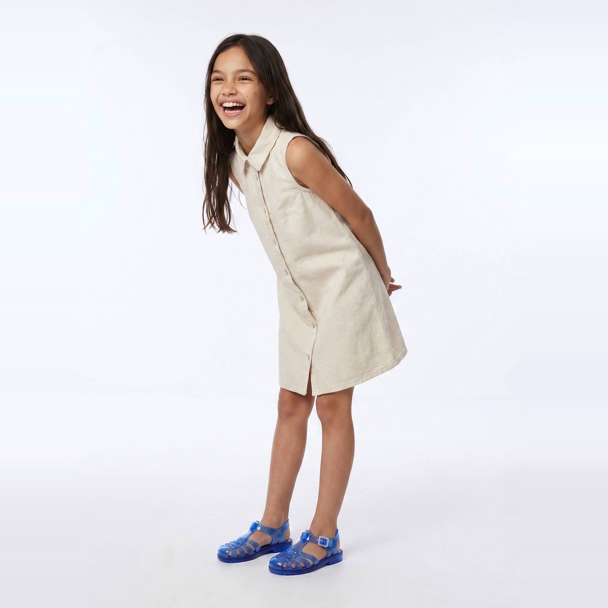 Robe sans manches en twill brodée butter cream, MONOPRIX