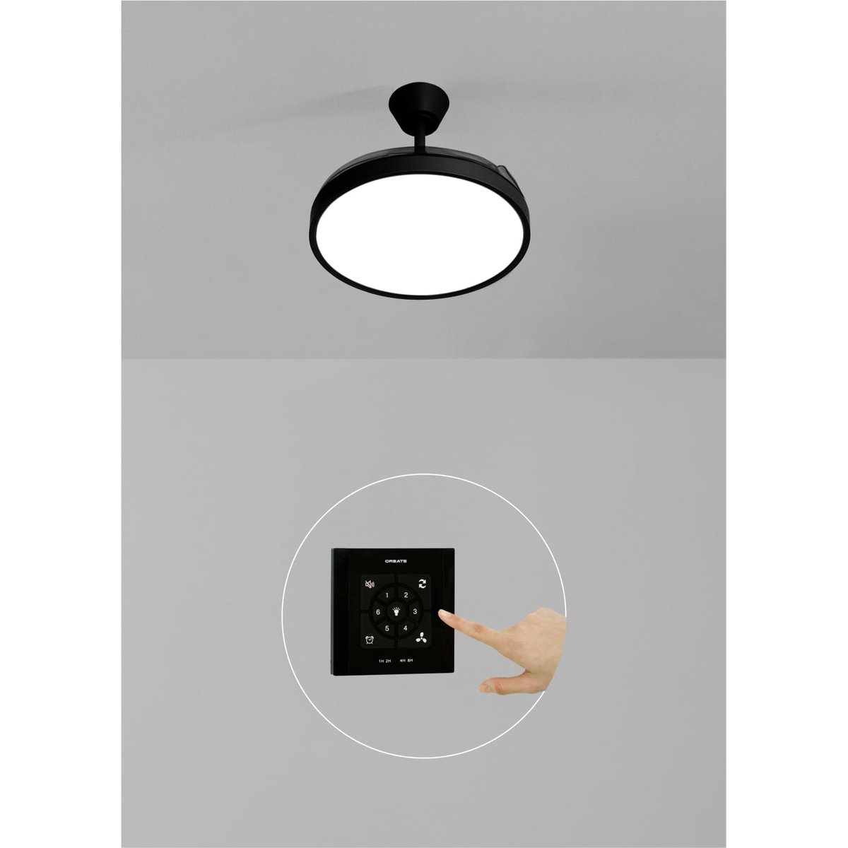 Ventilateur de plafond 40W silencieux avec lumiére et contrôleur mural WIND CLEAR STUDIO noir/noir, CREATE
