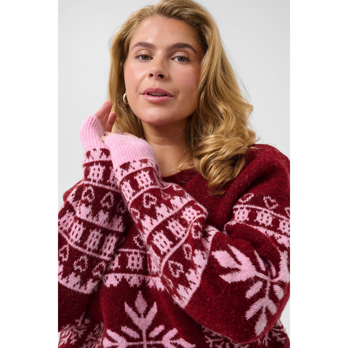 Pull en maille manches longues rouge rose red/pink christmas knit, KAFFE CURVE
