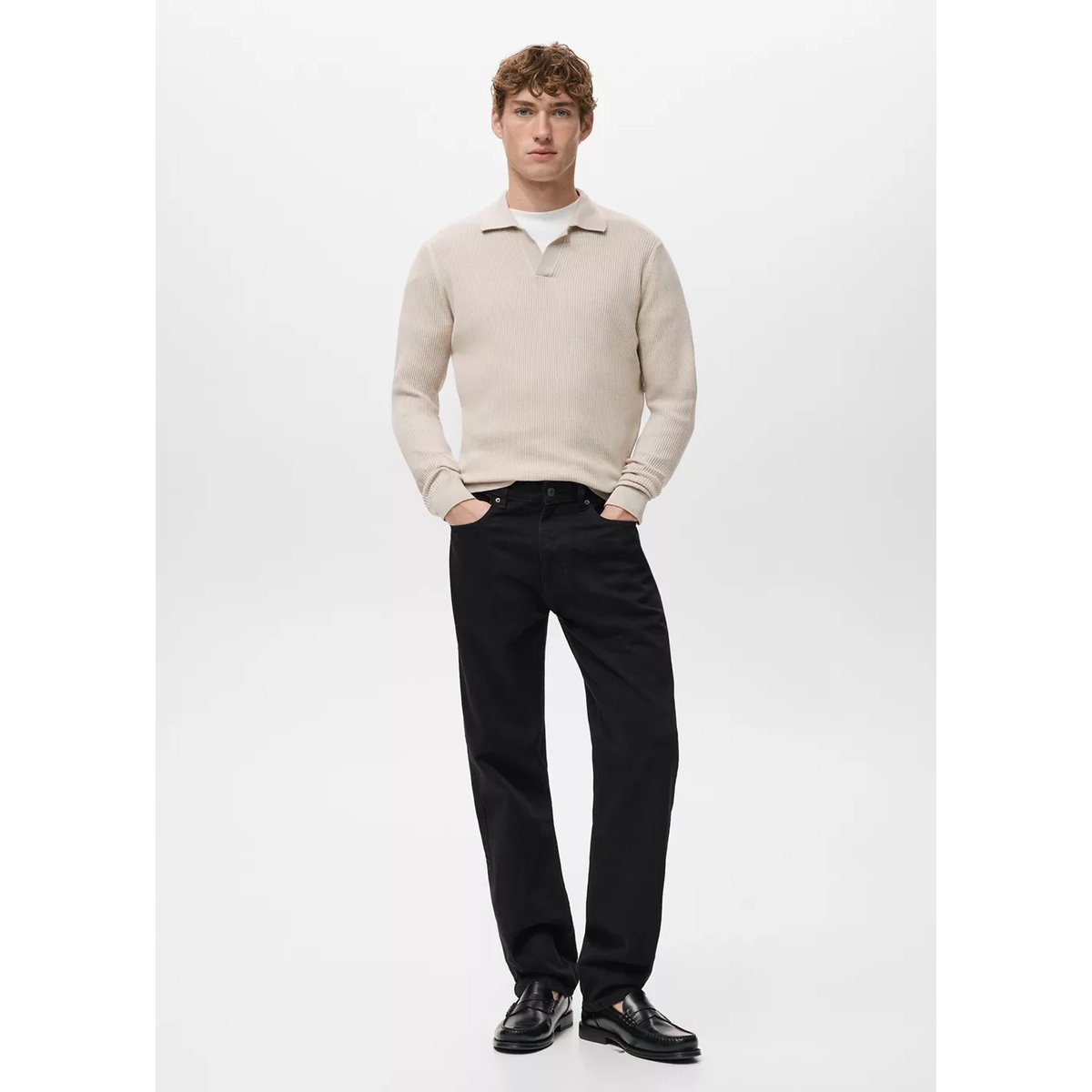 Pull-over polo coton mélangé maille côtelée beige, MANGO MAN