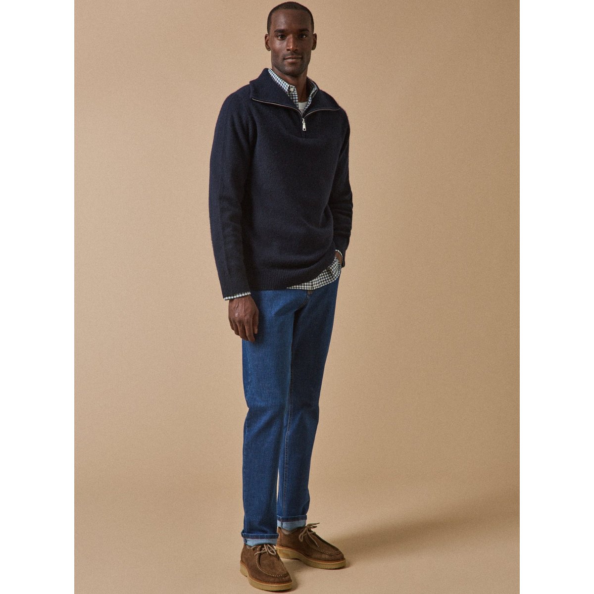 Pull col camionneur zippé laine mérinos marine, CYRILLUS