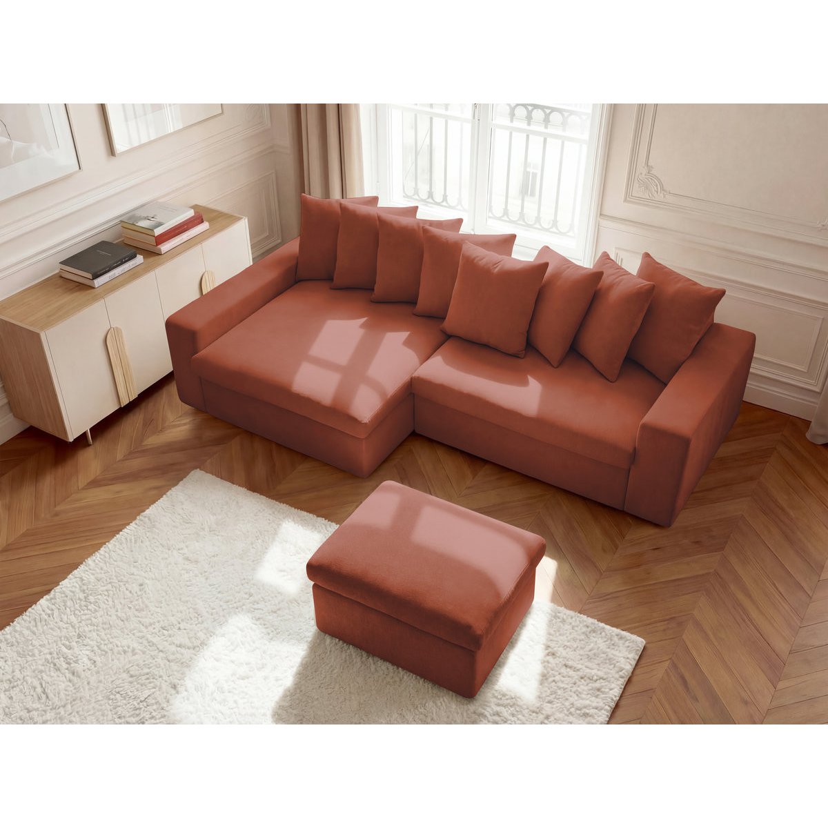 Canapé d'angle fixe 3 places en tissu lisse avec pouf, ENORE rouge, BOBOCHIC