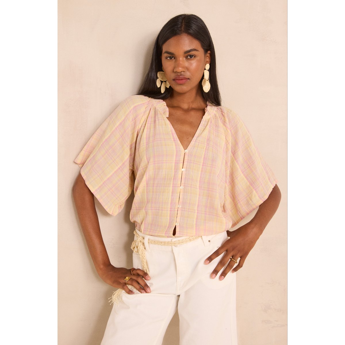 Blouse manches courtes à carreaux en coton MADDY paille, Maison 123