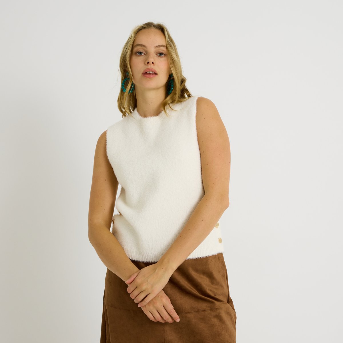Pull fluffy sans manches blanc cassé ecru, GRAIN DE MALICE