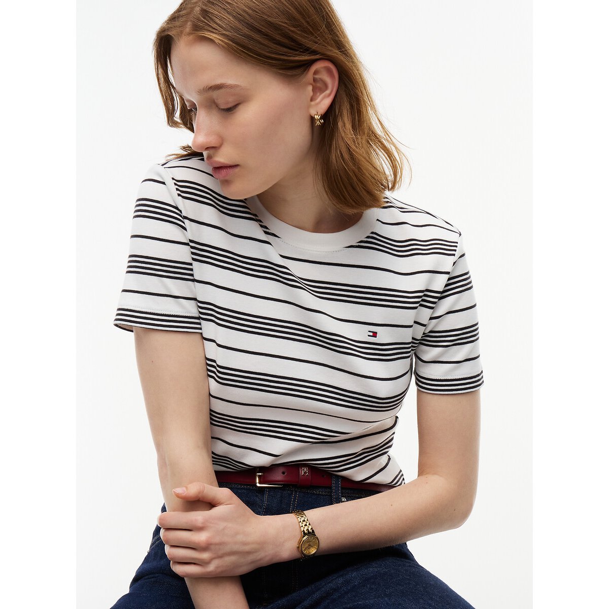 T-shirt col rond manches courtes rayé écru/noir, TOMMY HILFIGER