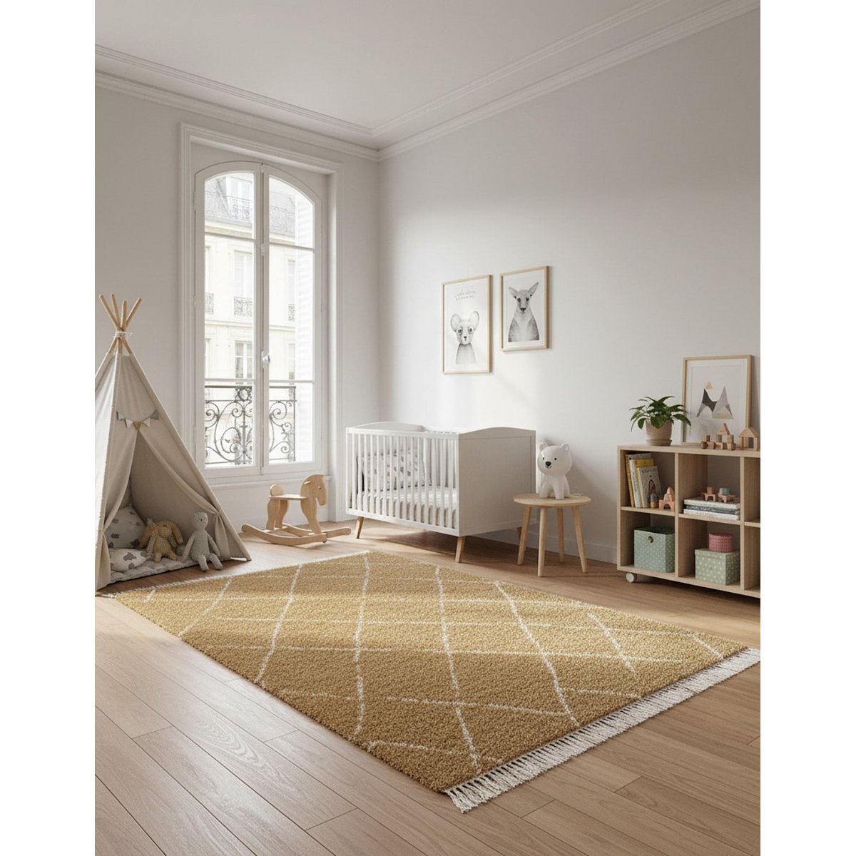 Tapis épais à franges doux et raffiné TIGRIS jaune naturel, AFK LIVING