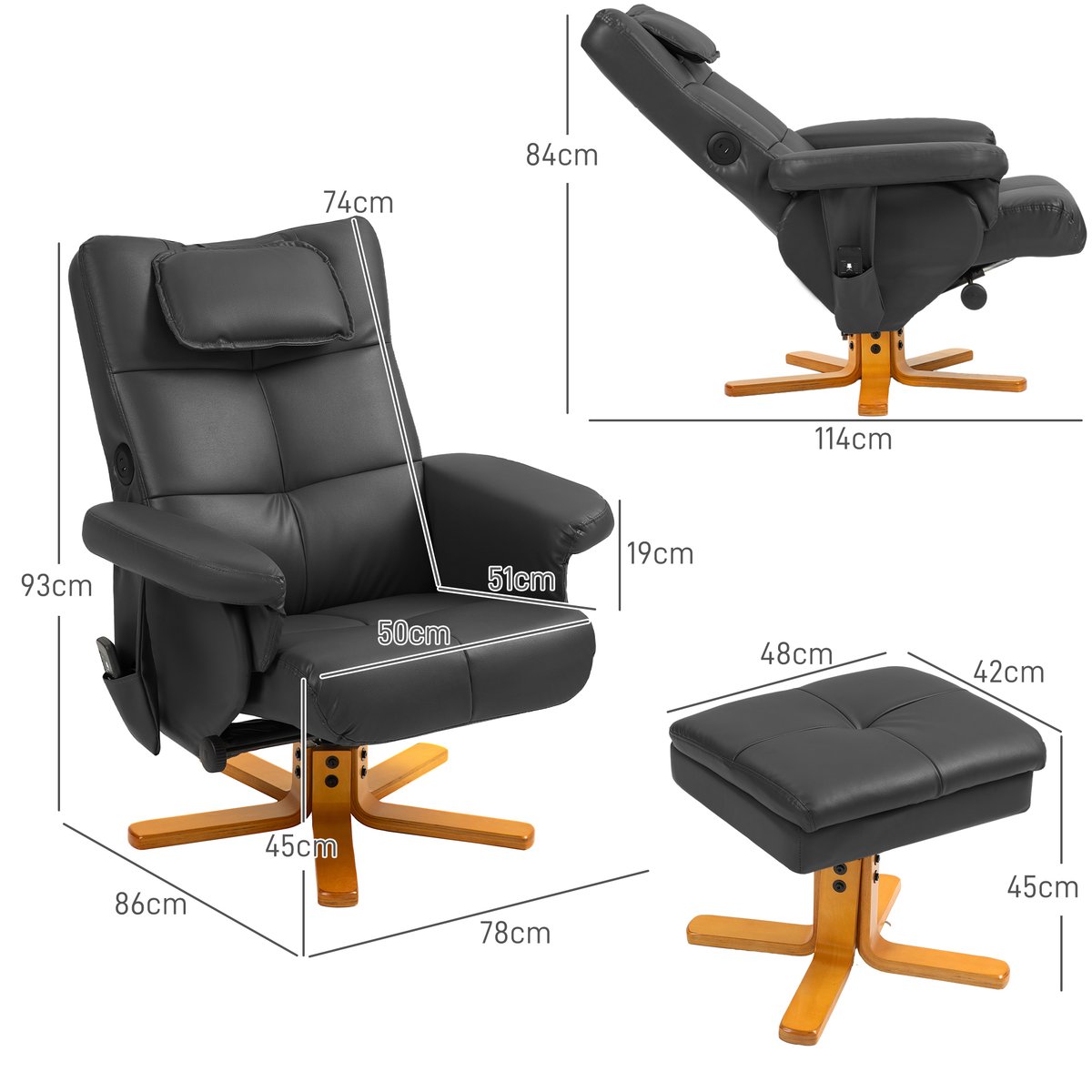 Ensemble fauteuil de massage inclinable avec noir, HOMCOM
