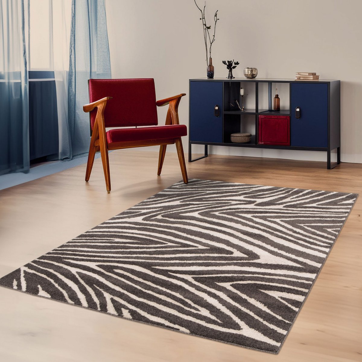 Tapis graphique à motif zébré- ZEBRA gris anthracite, DRAWER