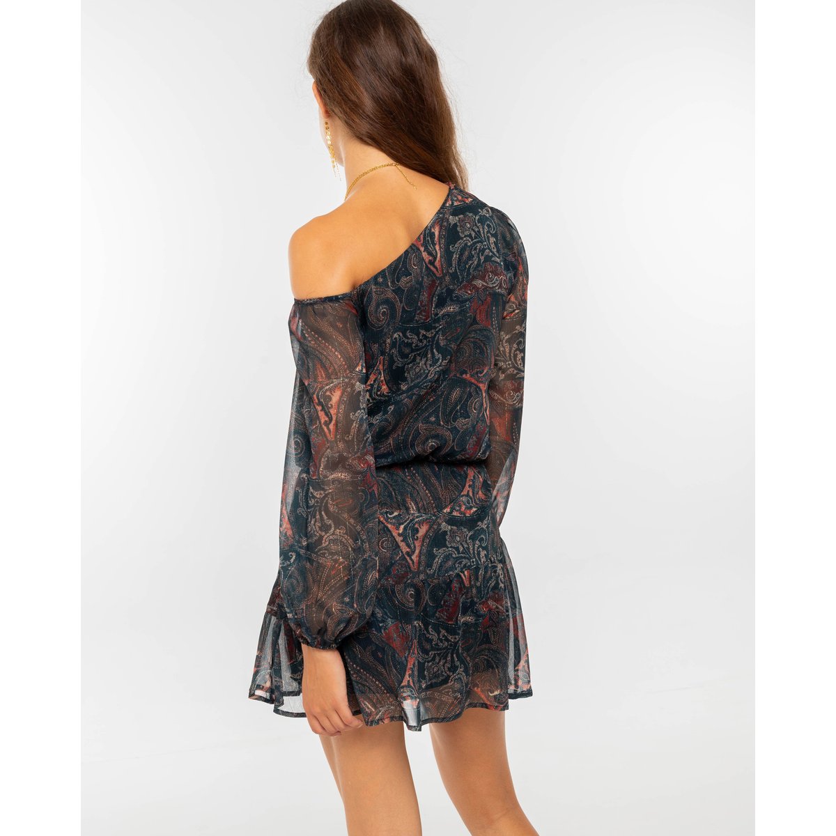 Robe courte imprimée bohème à décolleté asymétrique autre, THE-ARE