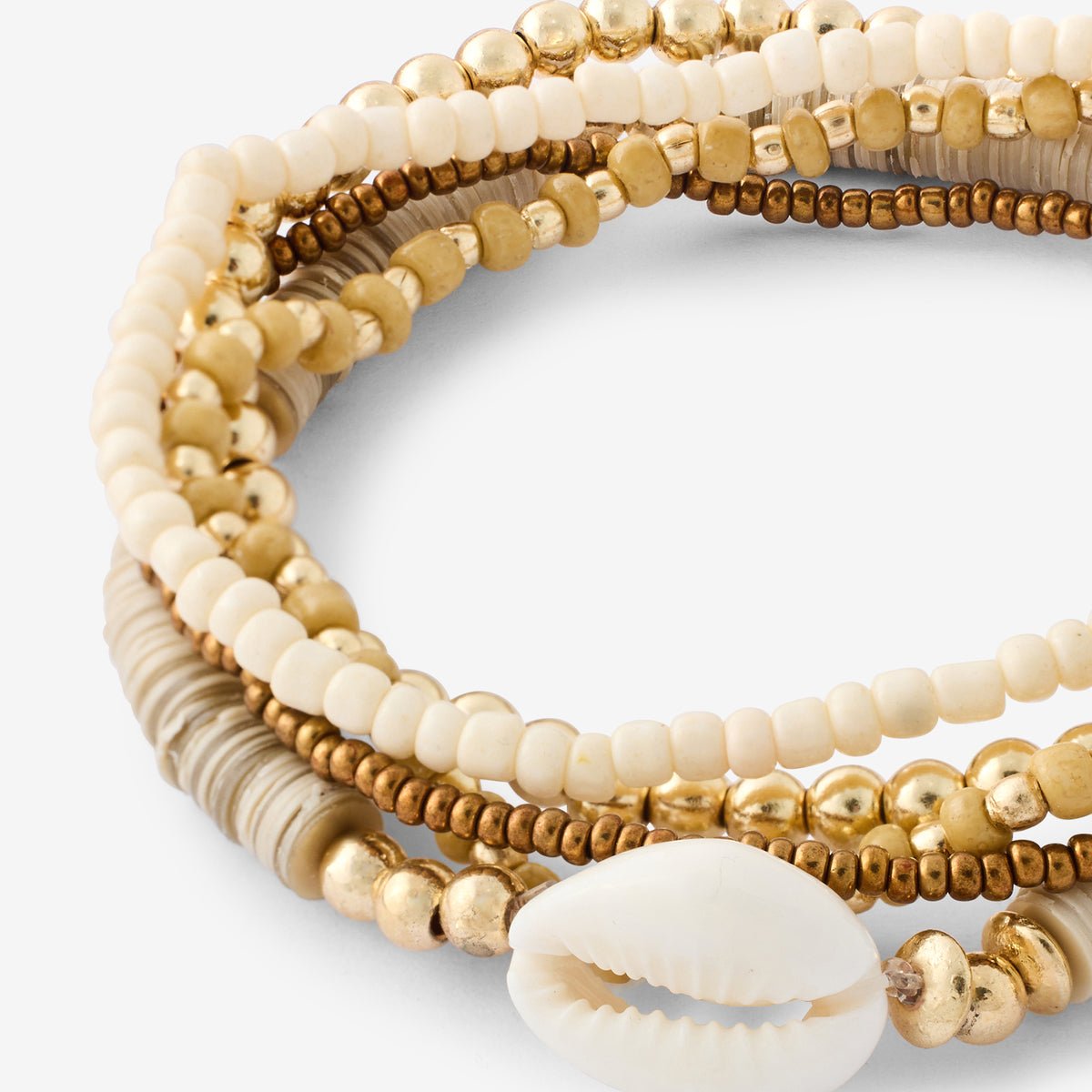 Set de 5 bracelets élastiques perles et coquillage ivoire, BALABOOSTE