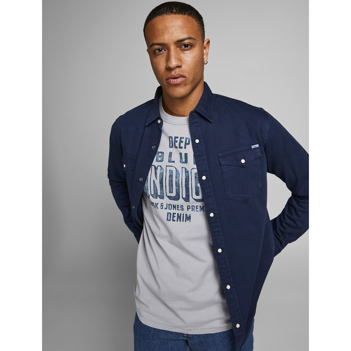 Slim hemd in jeans Jjesheridan marineblauw, JACK & JONES