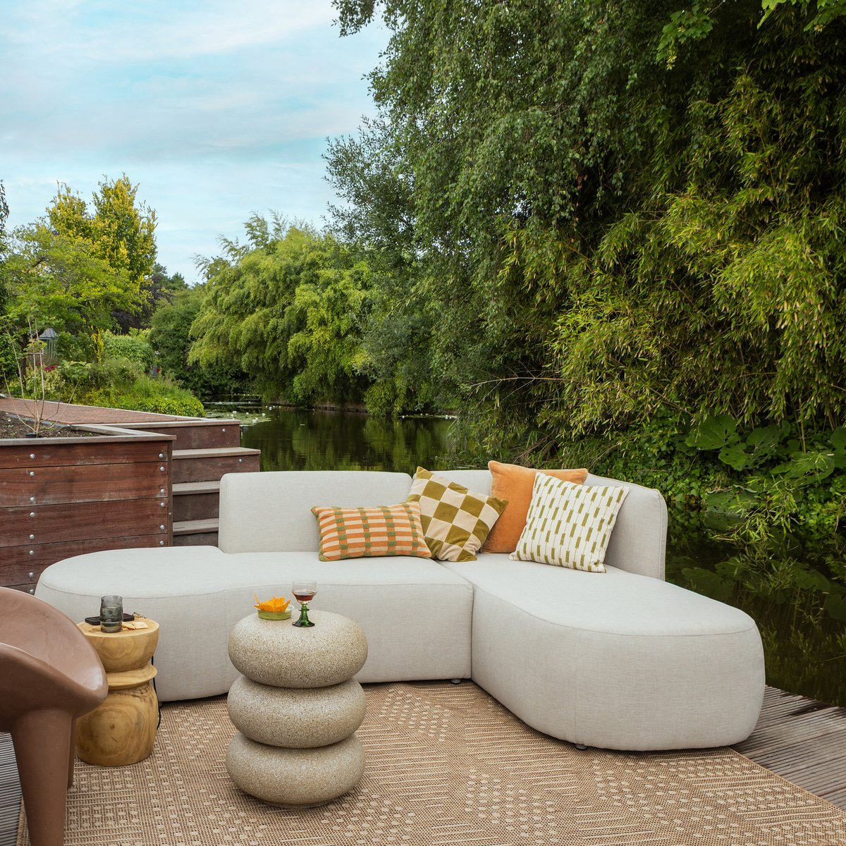 Salon de jardin d'angle droit en tissu d’extérieur CHIOS naturel, WOOOD
