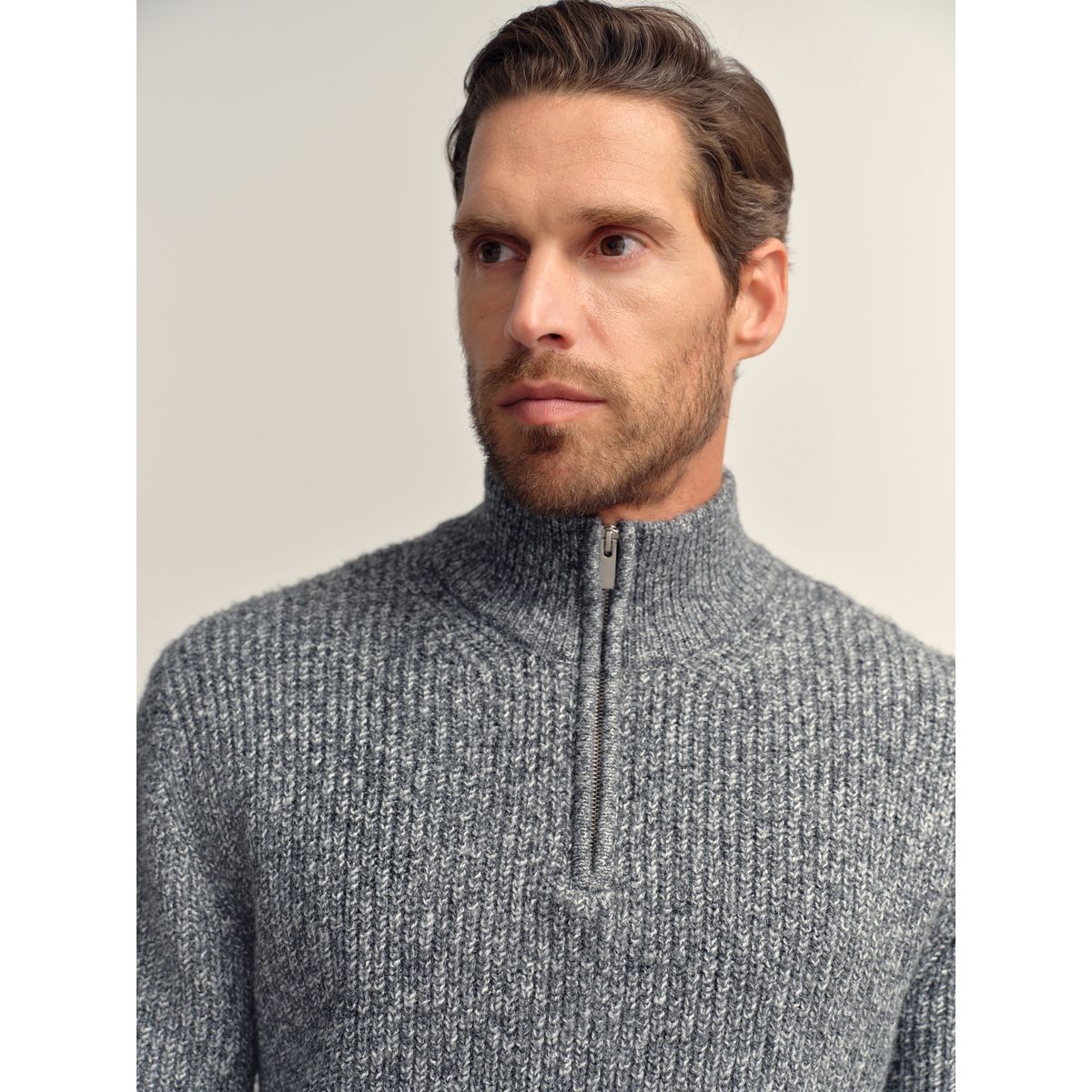 Pull regular à col zippé en maille texturée gris, NEXT