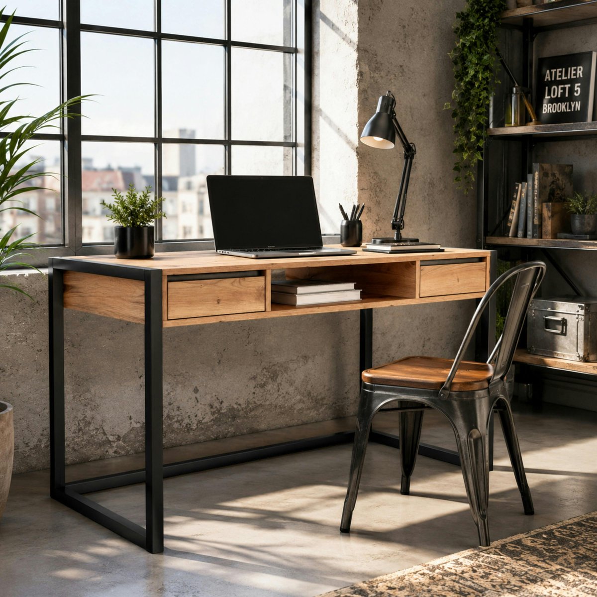 Bureau de chambre effet bois 2 tiroirs 1 niche ALVA bois naturel, PIER IMPORT