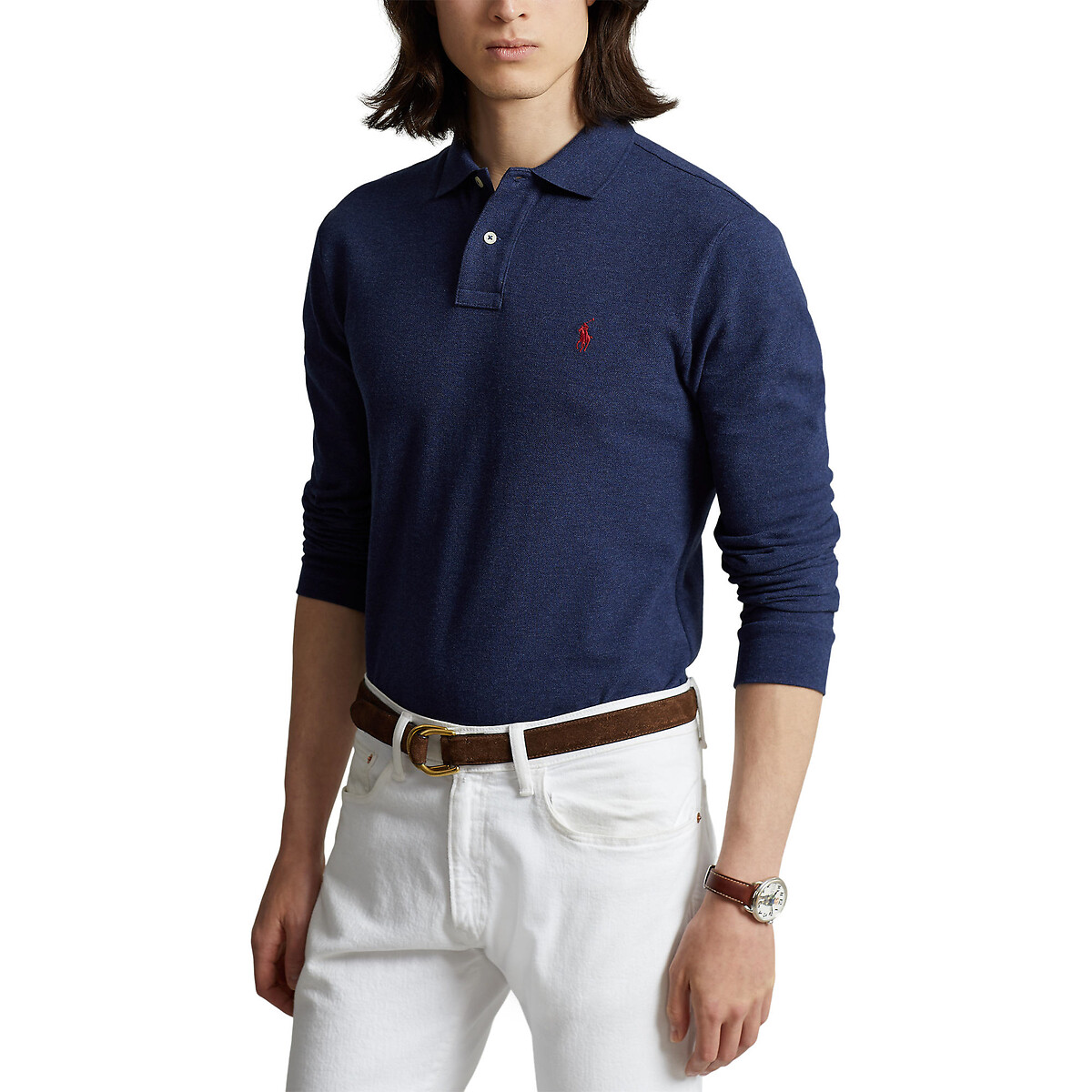 Polo cintré à manches longues piqué bleu navy, POLO RALPH LAUREN