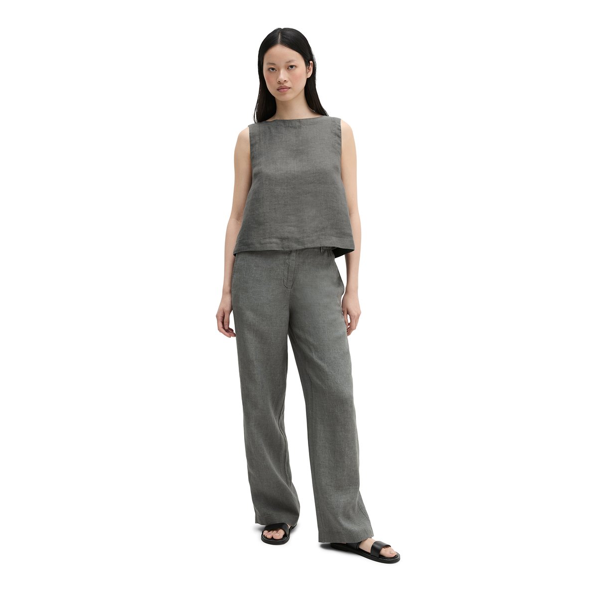 Blouse en lin sans manches regular avec des liens à nouer dans le dos gris, MARC O'POLO