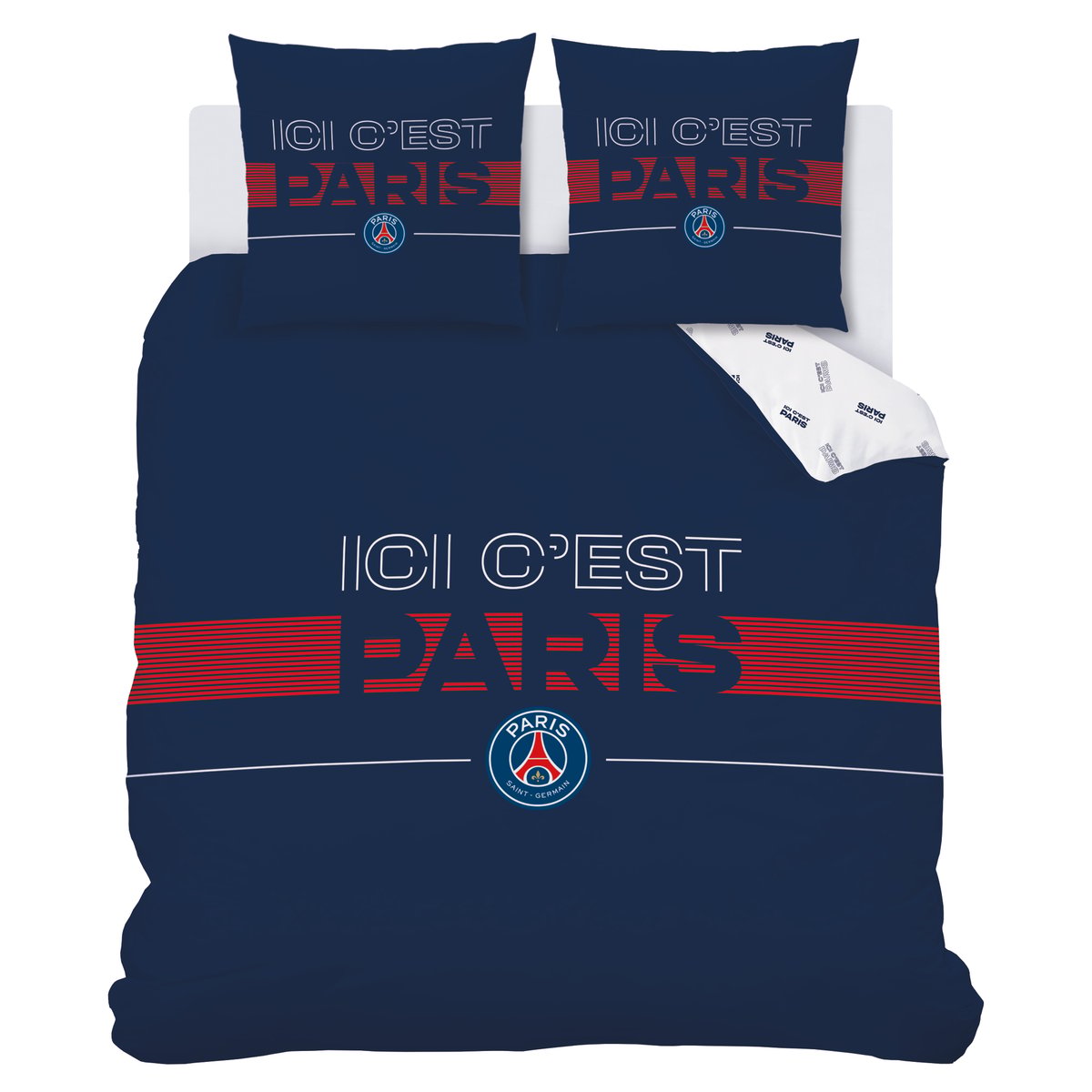 Parure de lit imprimée 100% coton, Paris Saint Germain DEVISE bleu, PSG
