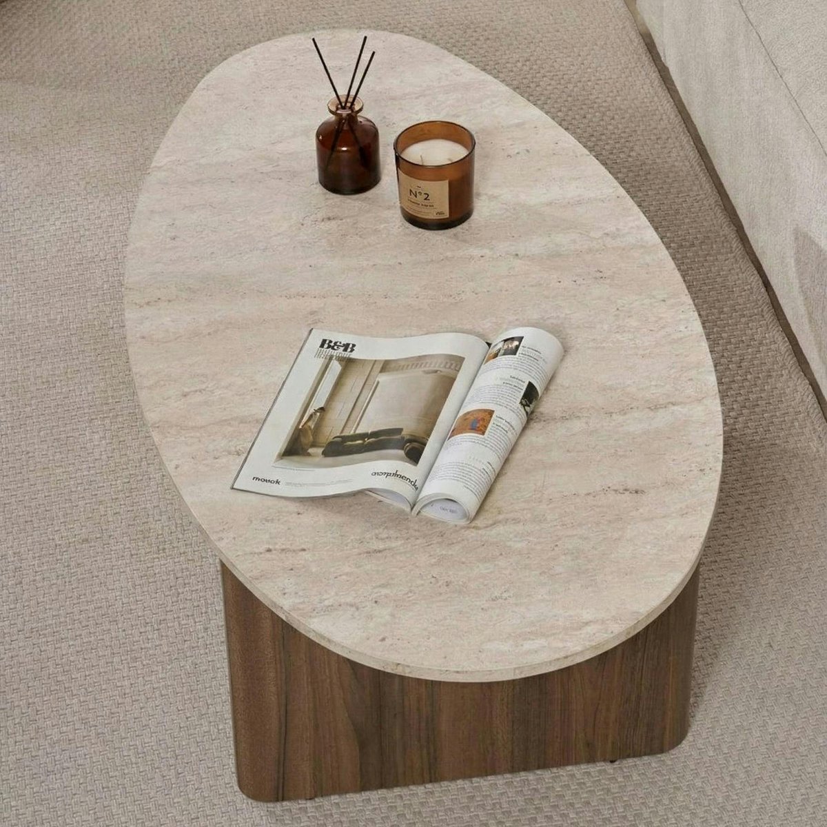 Table basse ovale organique décor travertin et noyer MARFA beige, PIER IMPORT