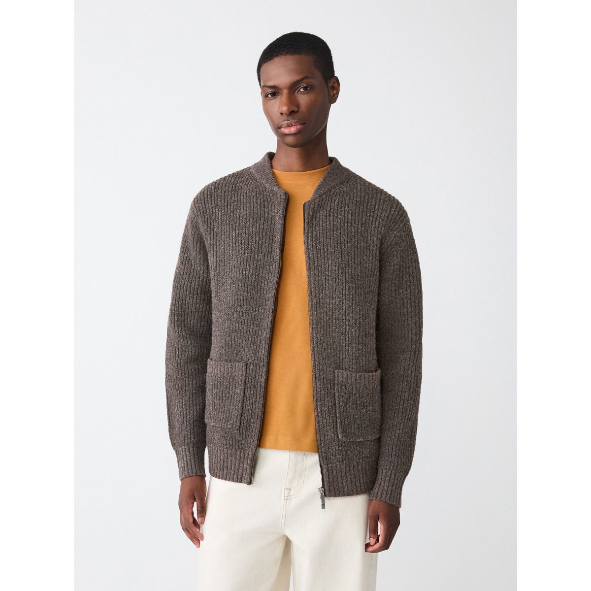 Cardigan zippé côtelé décontractée en laine marron, NEXT