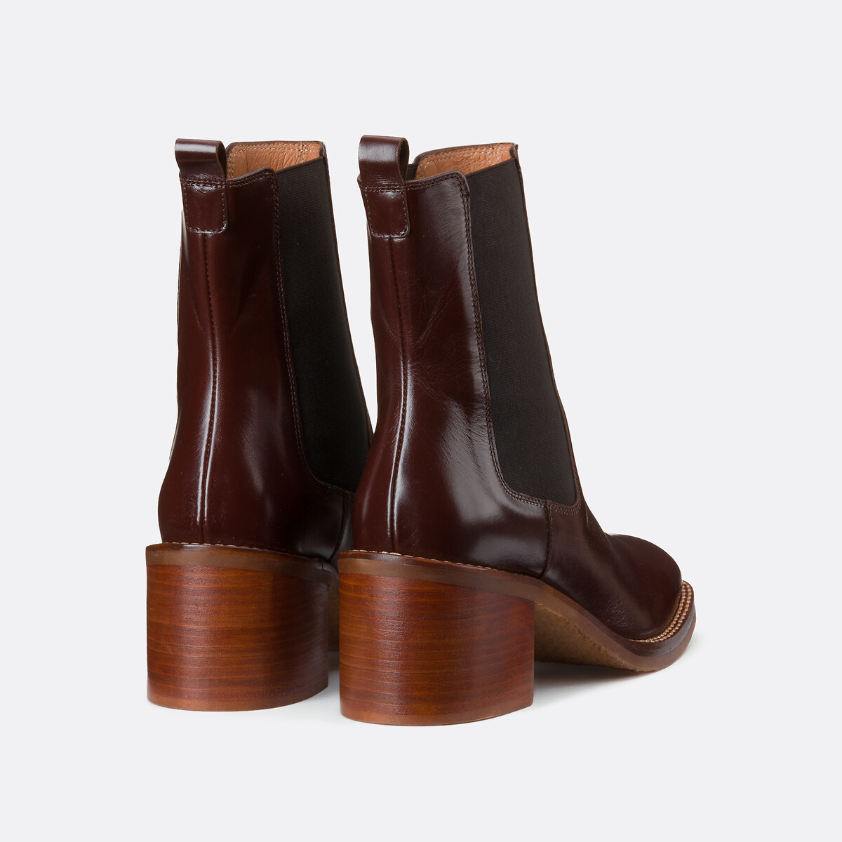 Boots chelsea en cuir à talon large marron, LA REDOUTE COLLECTIONS