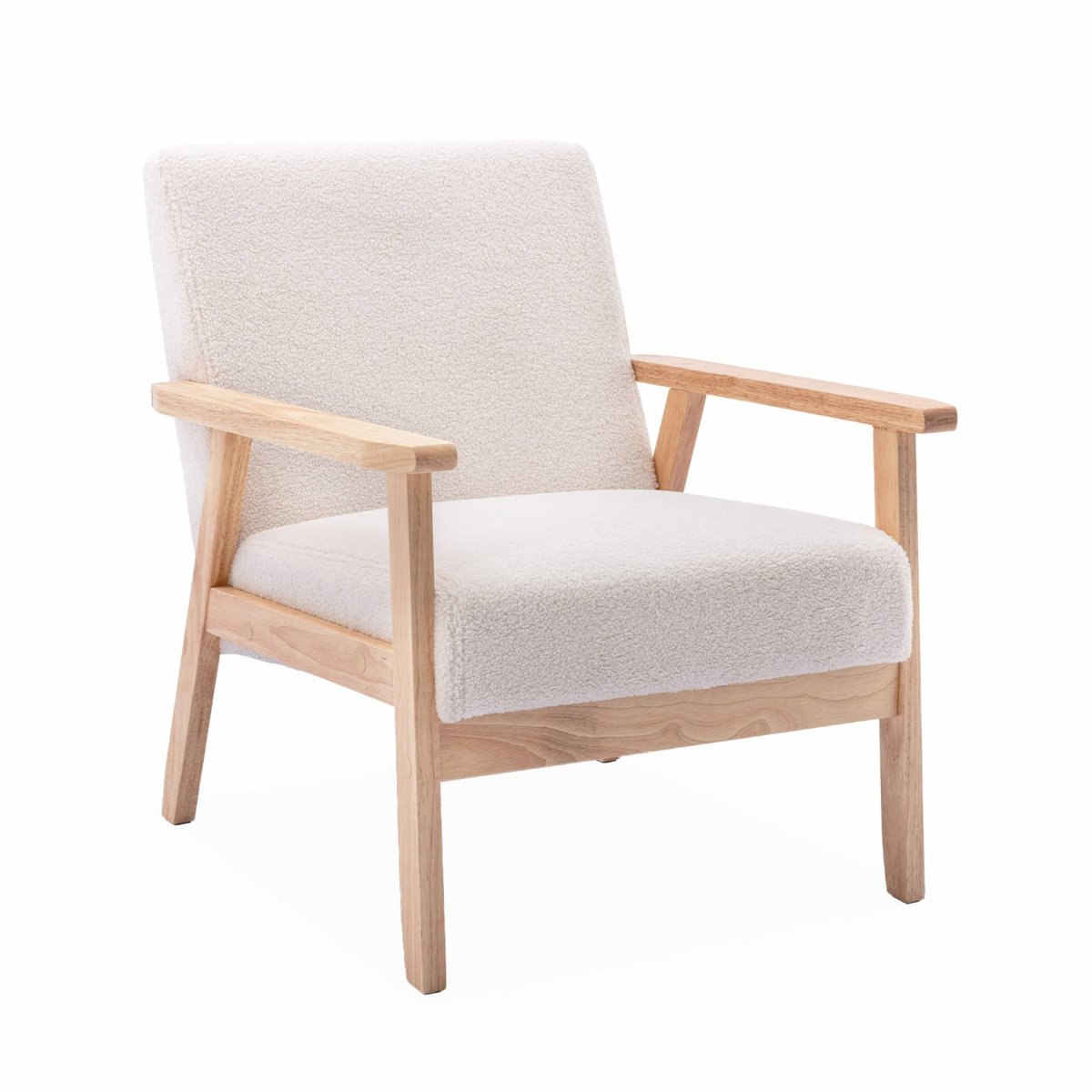 Fauteuil scandinave bois de peuplier, d'hévéa et bouclette ISAK crème, SWEEEK