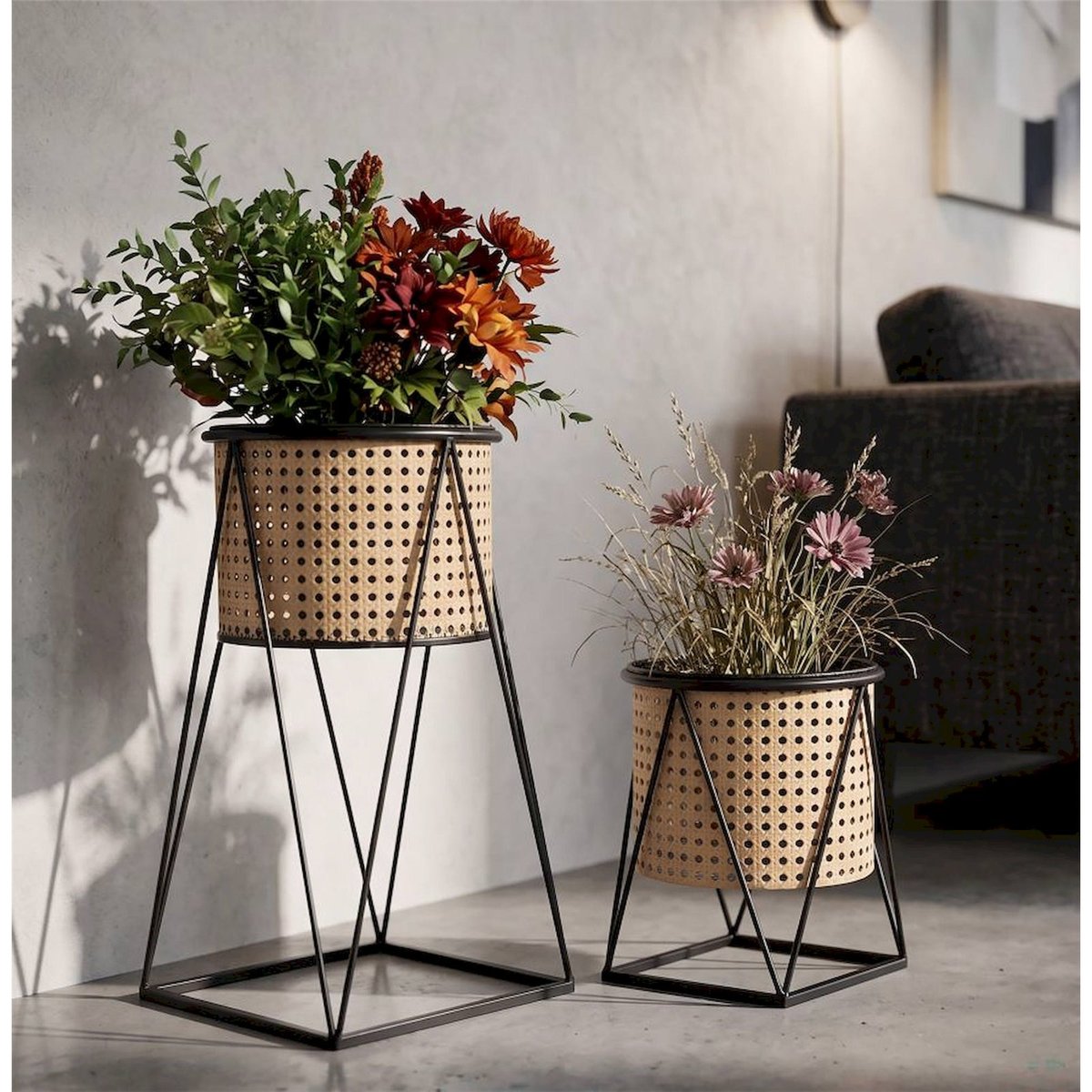 Cache-pots en fer effet cannage lot de 2 BOHO CHIC crème et noir, RECOLLECTION