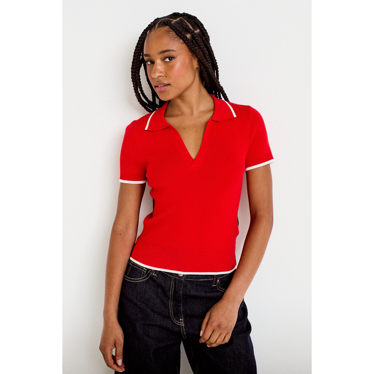 Pull manches courtes col polo rouge, CACHE CACHE