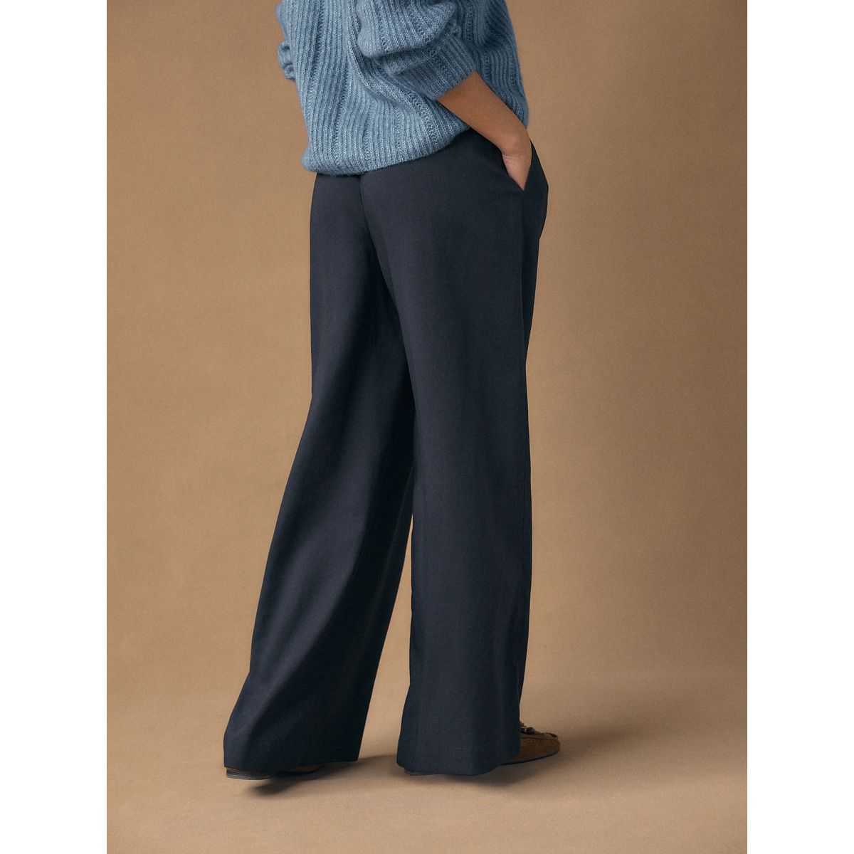 Pantalon large à enfiler en lin mélangé bleu marine, NEXT
