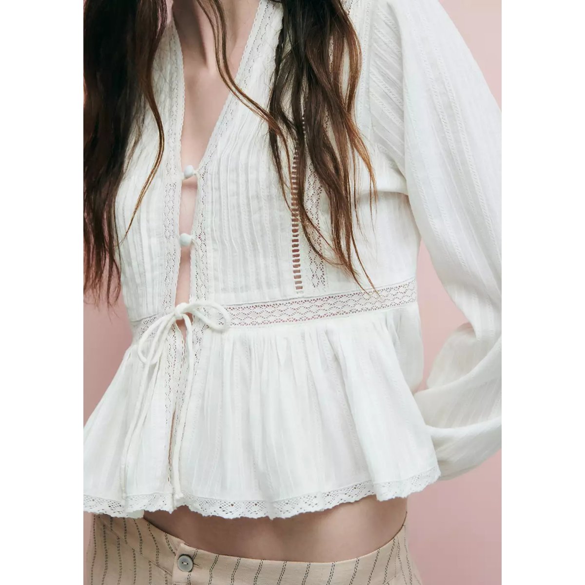 Blouse texturée détails ajourés blanc cassé, MANGO TEEN