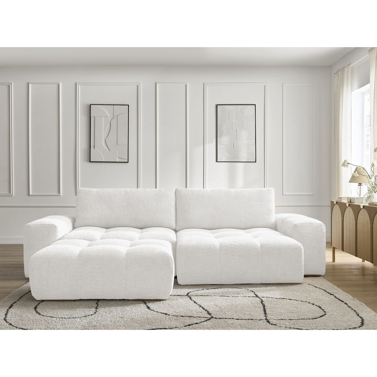 Canapé d'angle convertible 5 places en tissu bouclette avec pouf, ANAKIN blanc, BOBOCHIC
