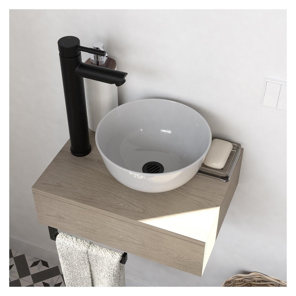 Lave-mains plan épais + vasque + miroir SOHO décor chêne, MOB IN