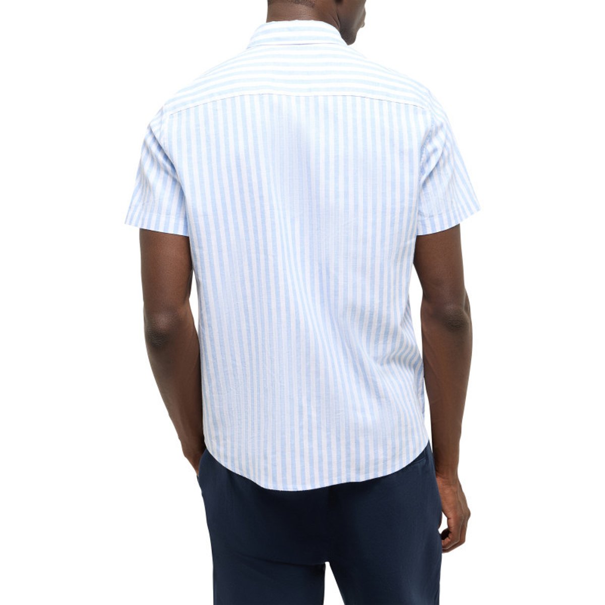 Chemise en coton et lin mélangé ciel à rayures pourvue de manches courtes bleu clair, MUSTANG
