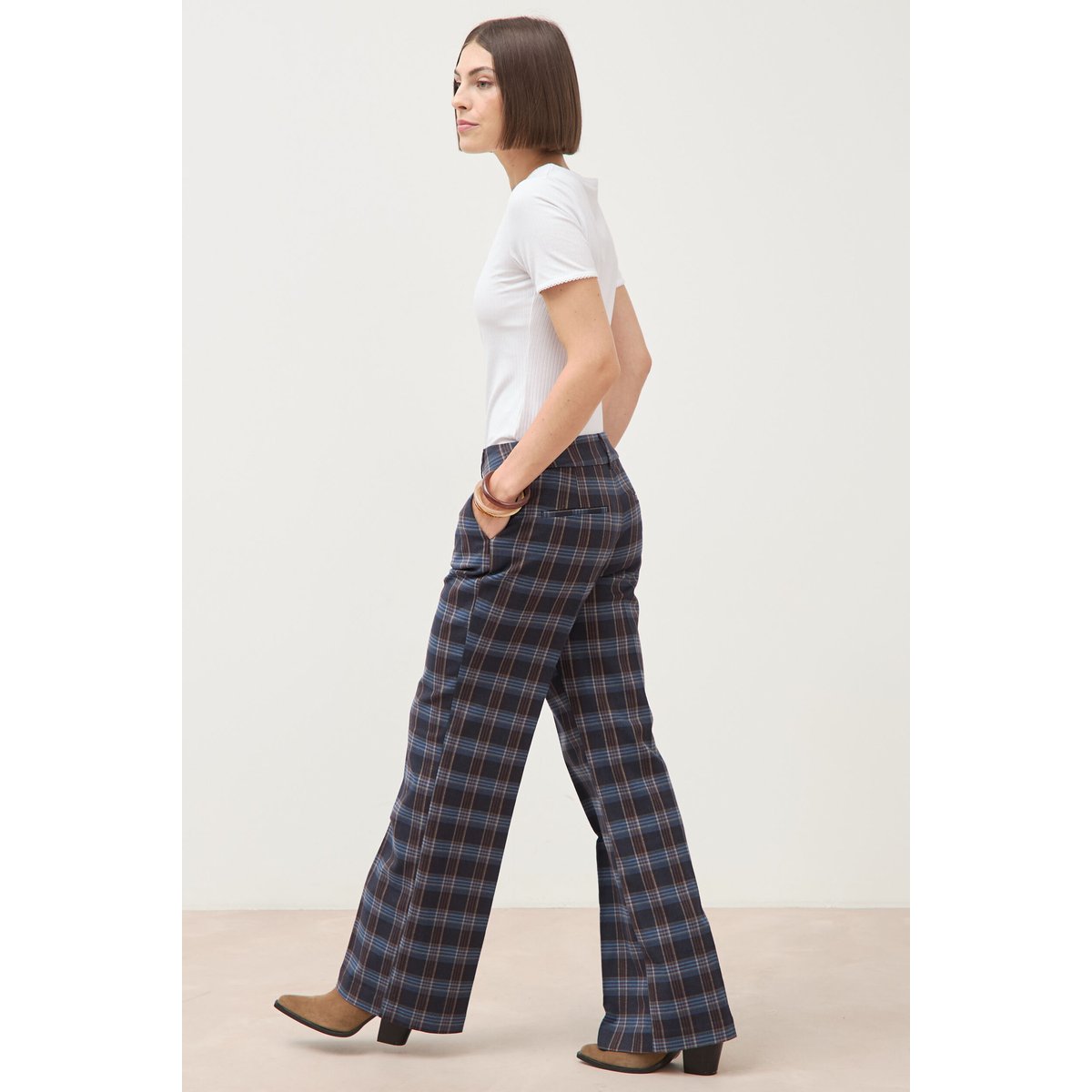 Pantalon flare à carreaux taille haute bleu gris, BONOBO