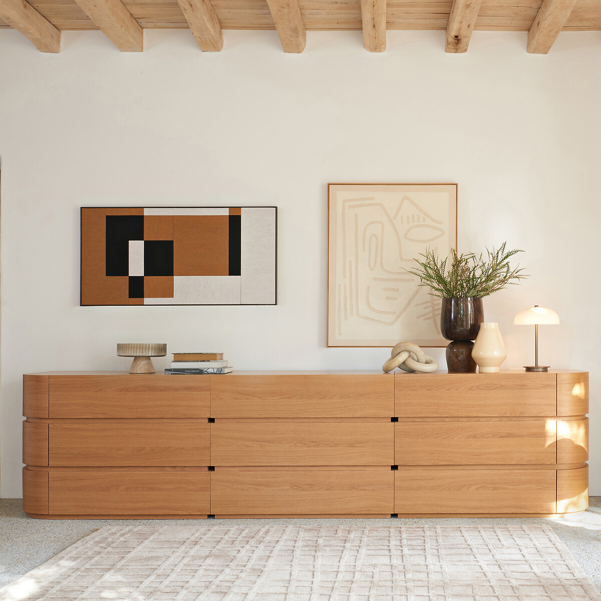 Cassettiera angolare rotonda per cabina armadio, impiallacciata in rovere, EVORIA naturale , AM.PM