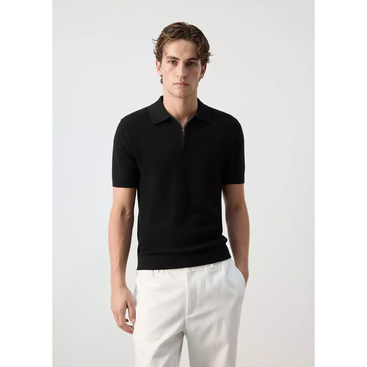 Polo 100 % coton maille structure noir, MANGO MAN