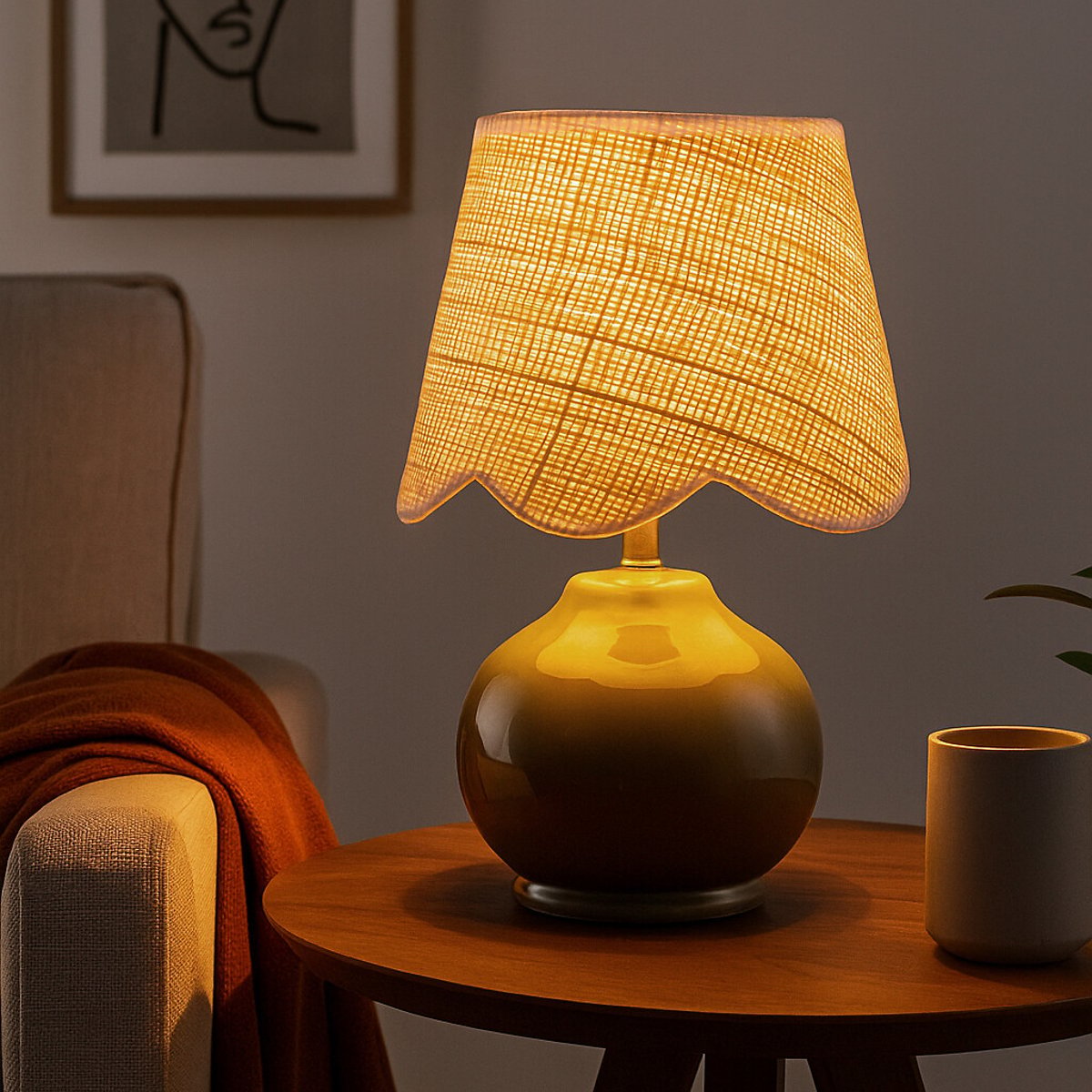 Lenny Ceramic Table Lamp with Scallop Cane Shade sage green, SO'HOME