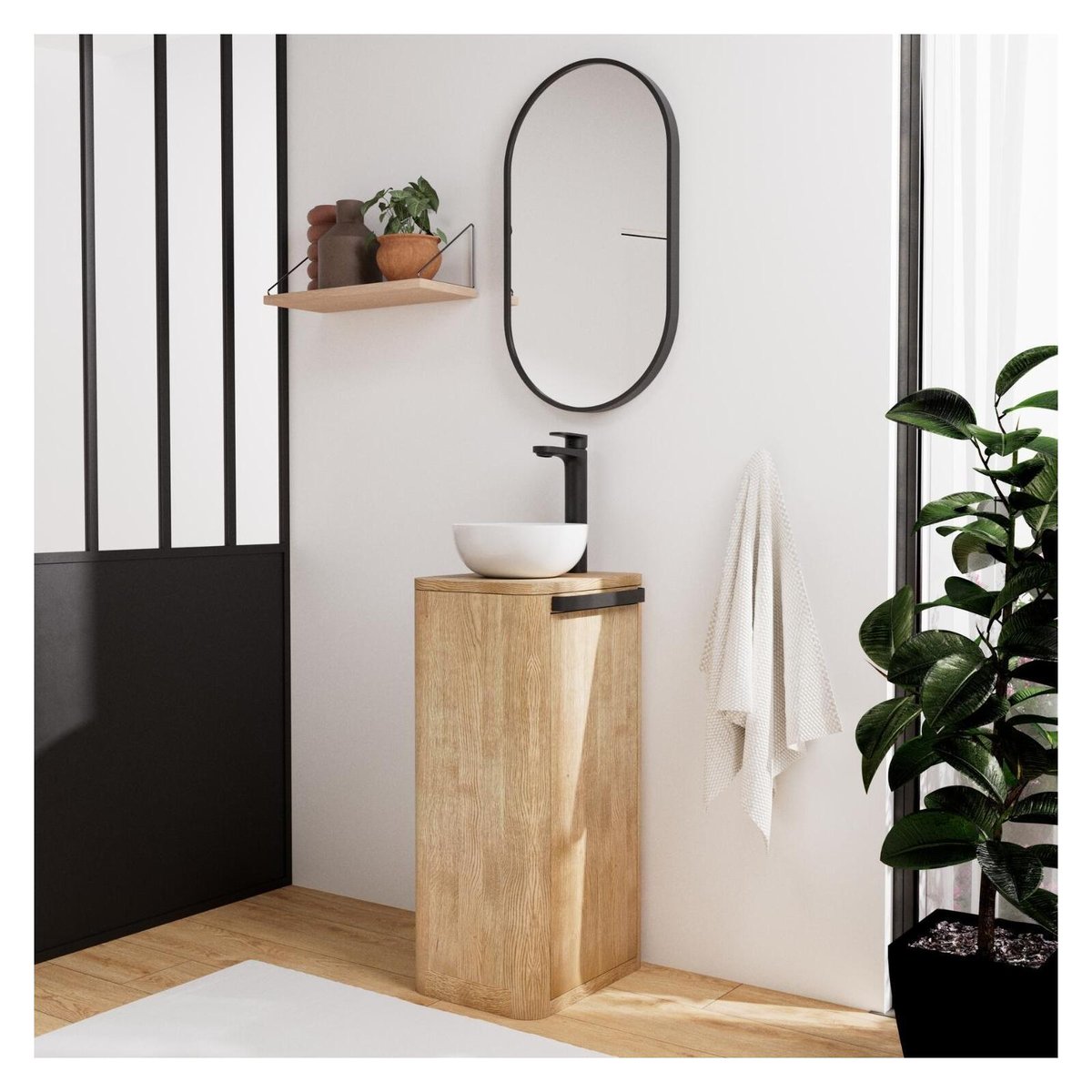 Ensemble meuble lave-mains TOM + vasque + miroir chêne, MOB IN