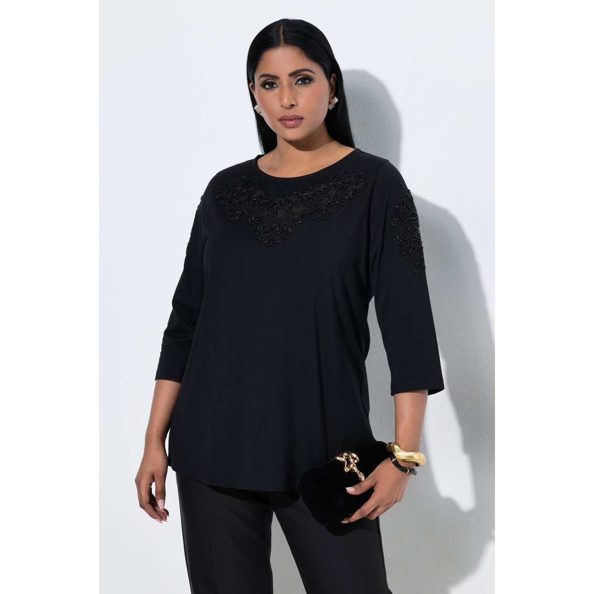 T-shirt avec broderie ajourée noir, ULLA POPKEN