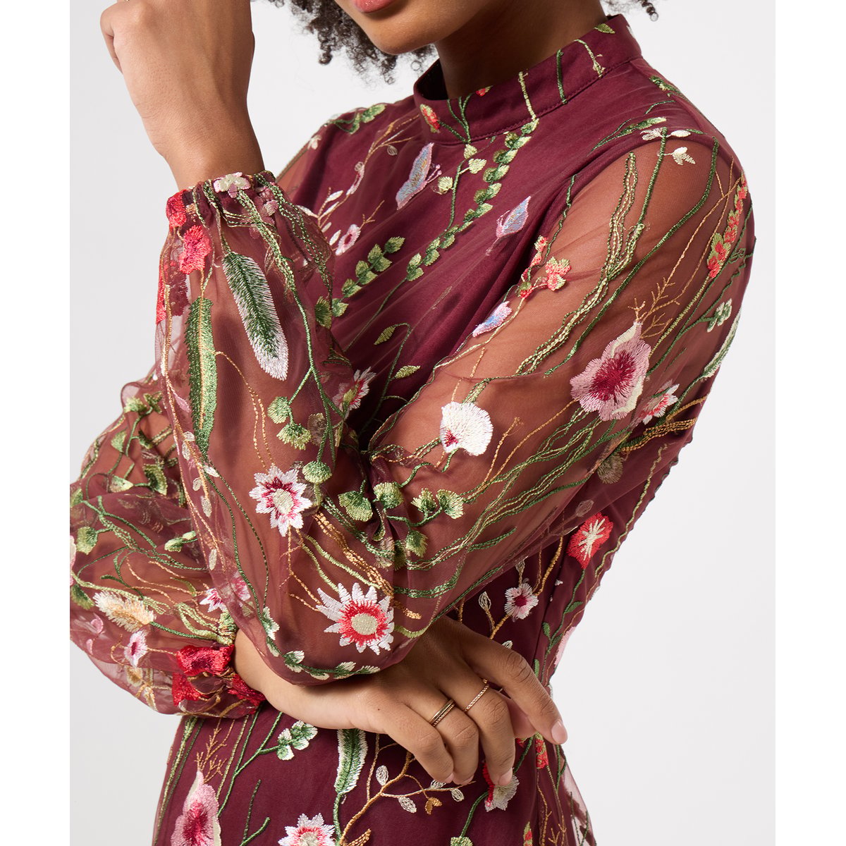 Robe à Manches Longues Brodée Fleurie Ellie rouge, JOE BROWNS