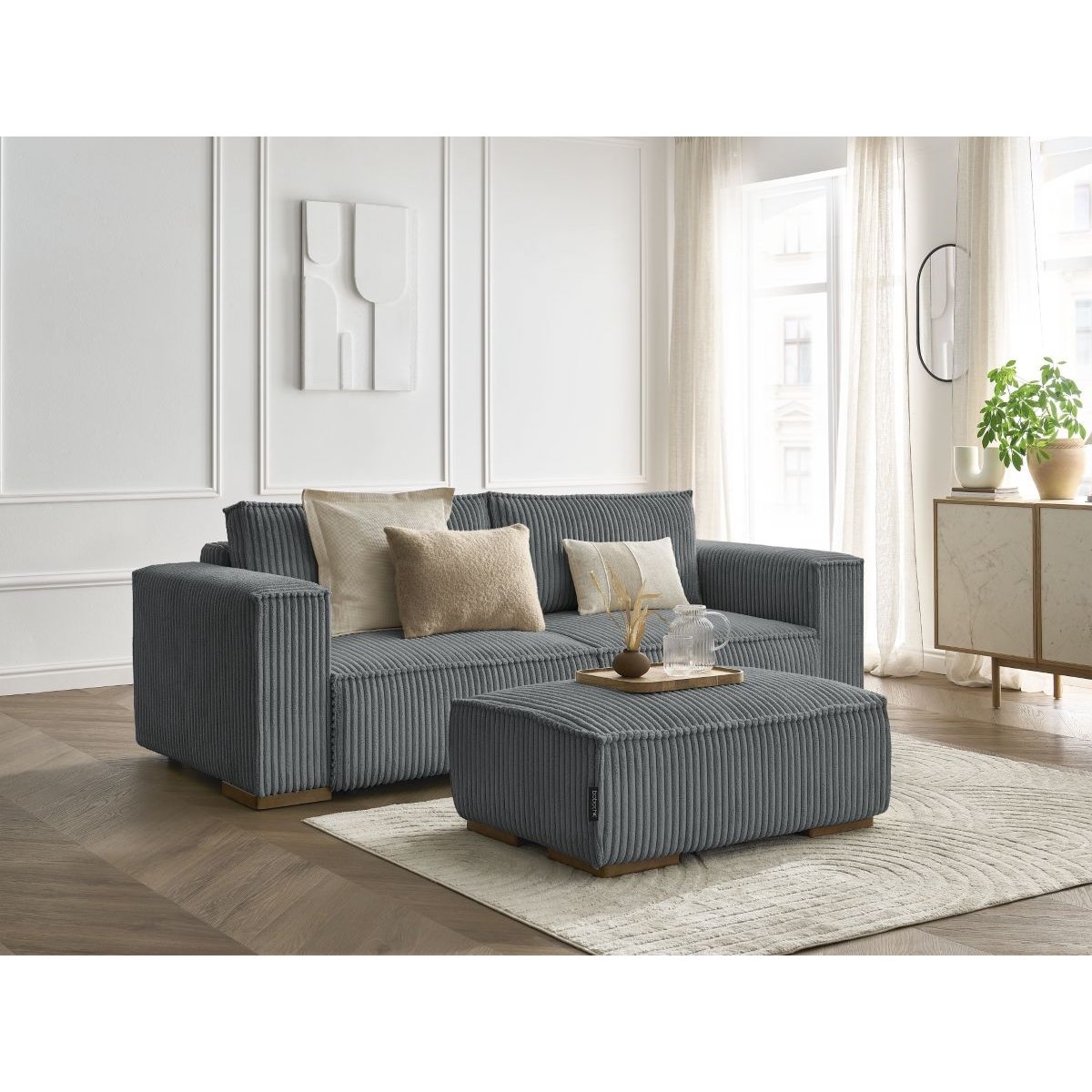 Canapé droit convertible 4 places en gros côtelé doux avec pouf, CHELSEA gris foncé, BOBOCHIC