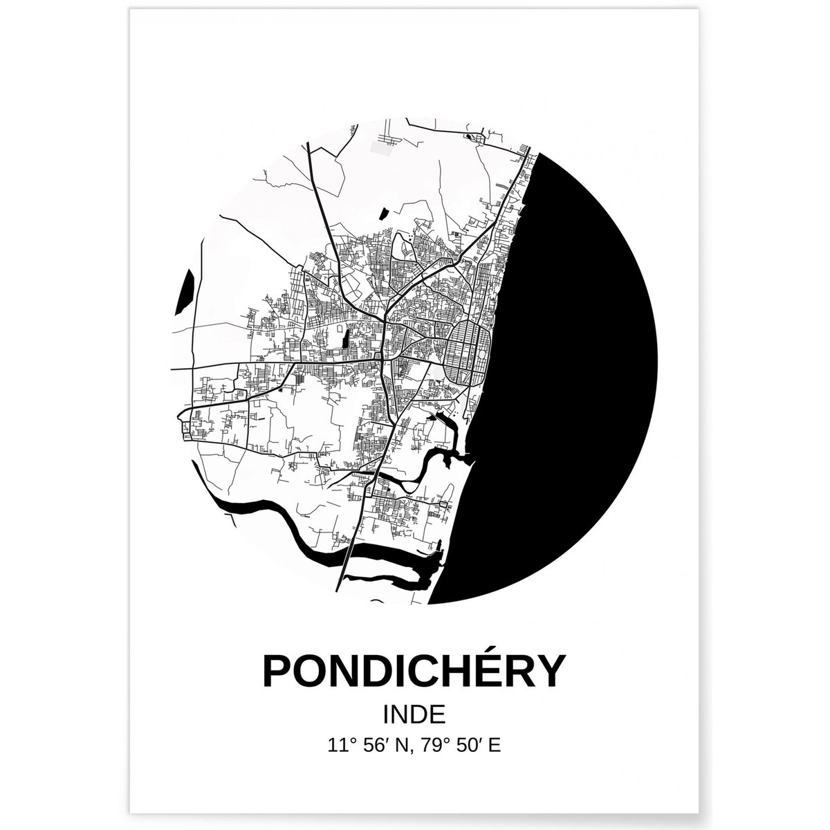 Affiche Carte Pondichéry blanc, L'AFFICHERIE