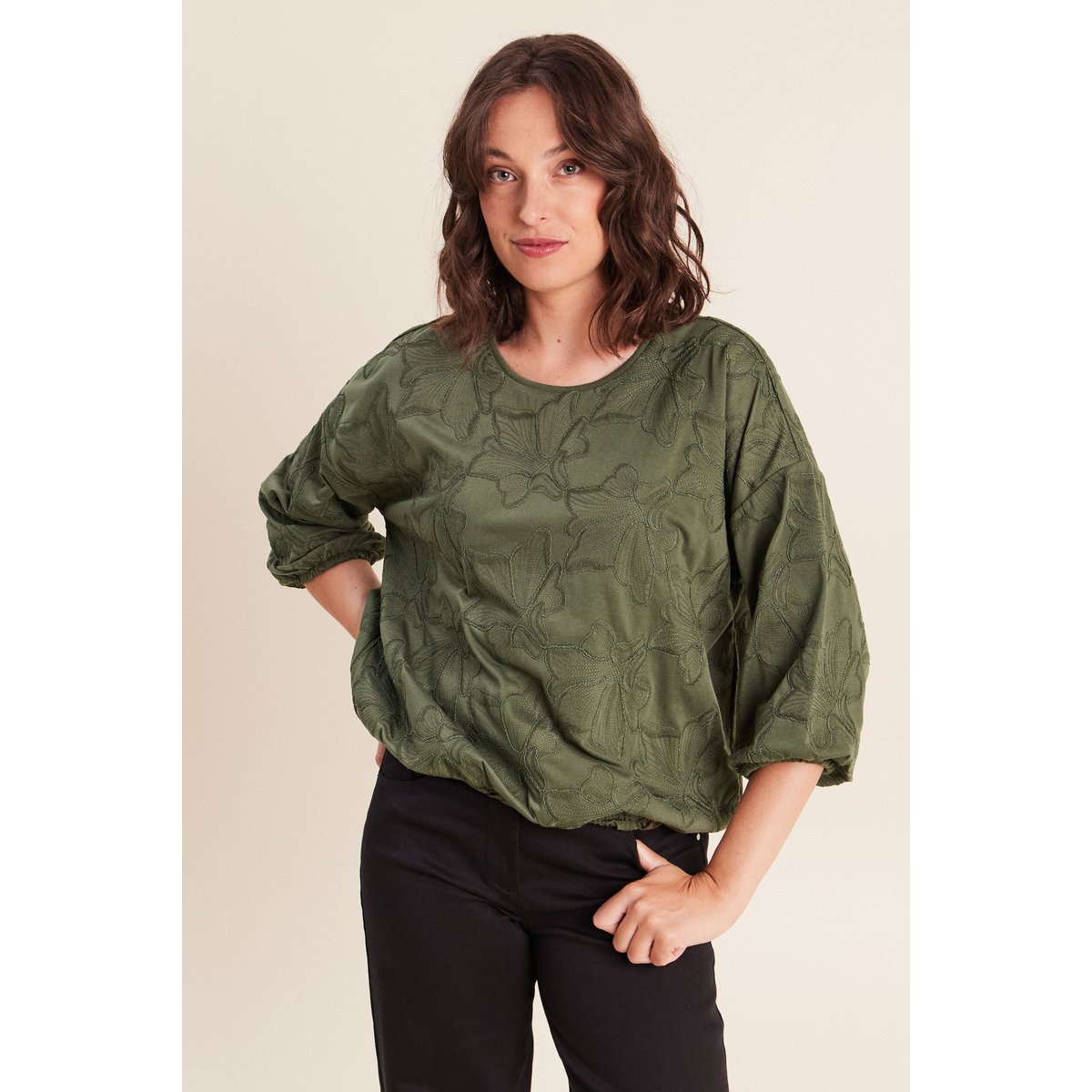 Blouse col v manches 3/4 bas resserré vert kaki, BREAL