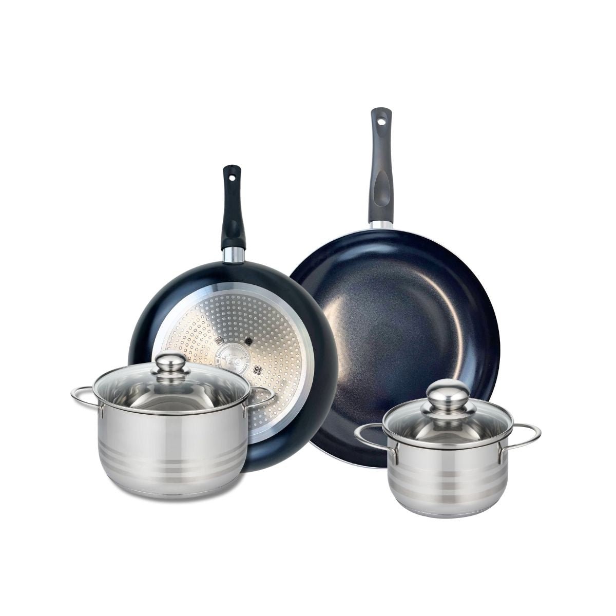 Batterie 2 poêles 28/32cm + 2 faitouts 16/20cm PRIMA BRILLANT noir, ELO