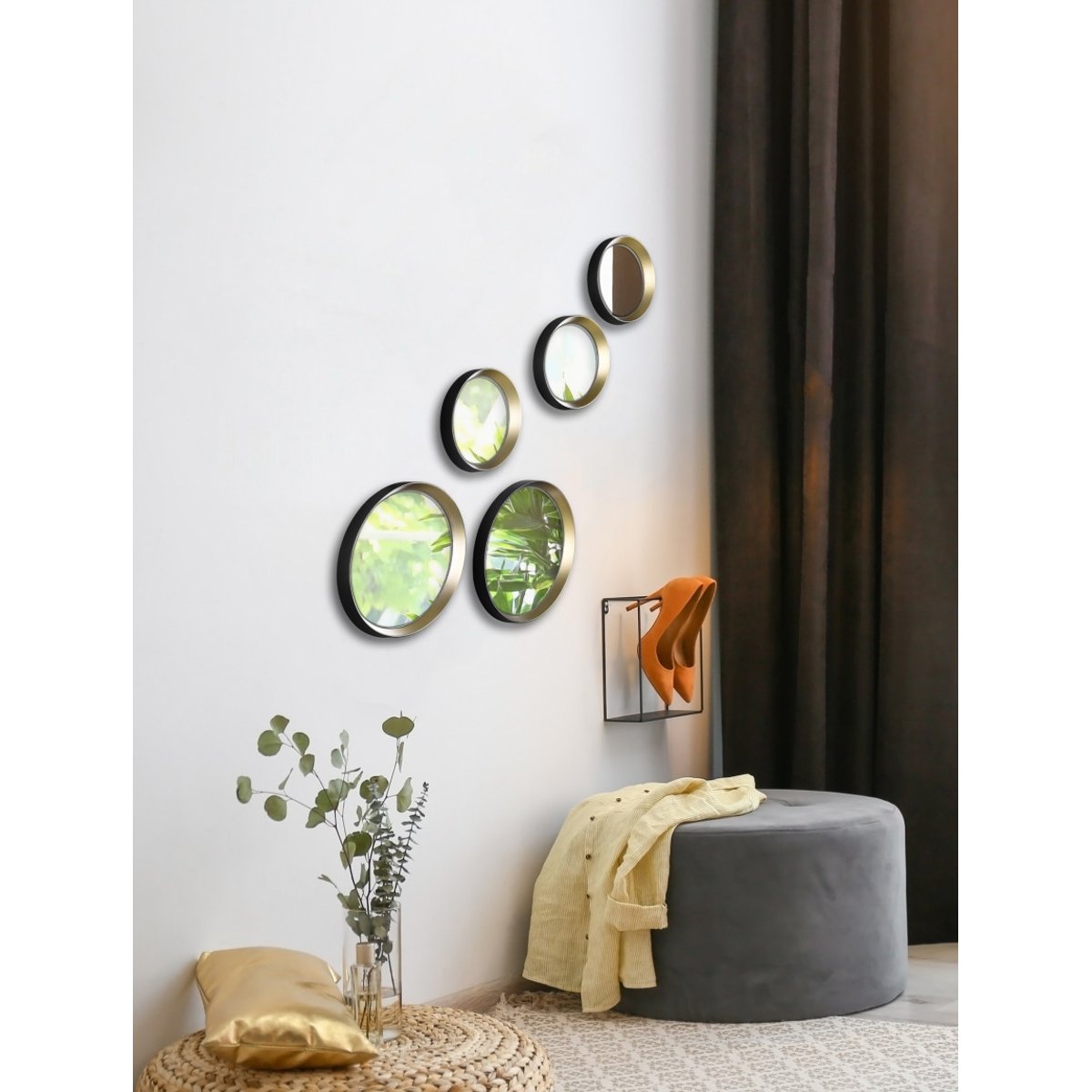 Miroir design en verre rond, LIA noir et doré, BOITE A DESIGN