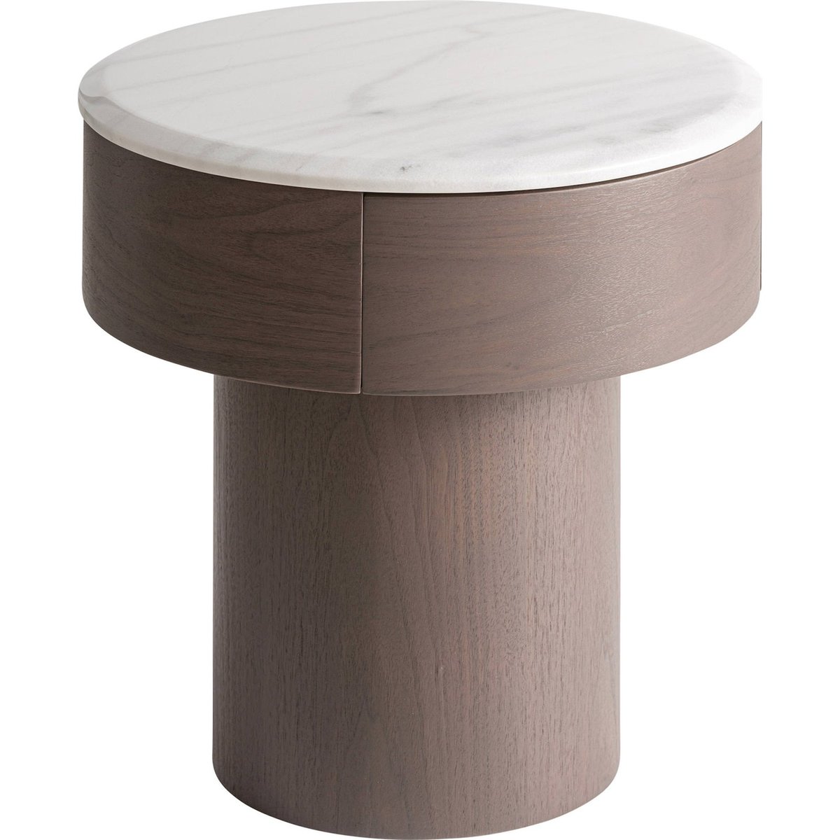 Table de chevet ronde en bois et marbre wengé et blanc cassé, RECOLLECTION