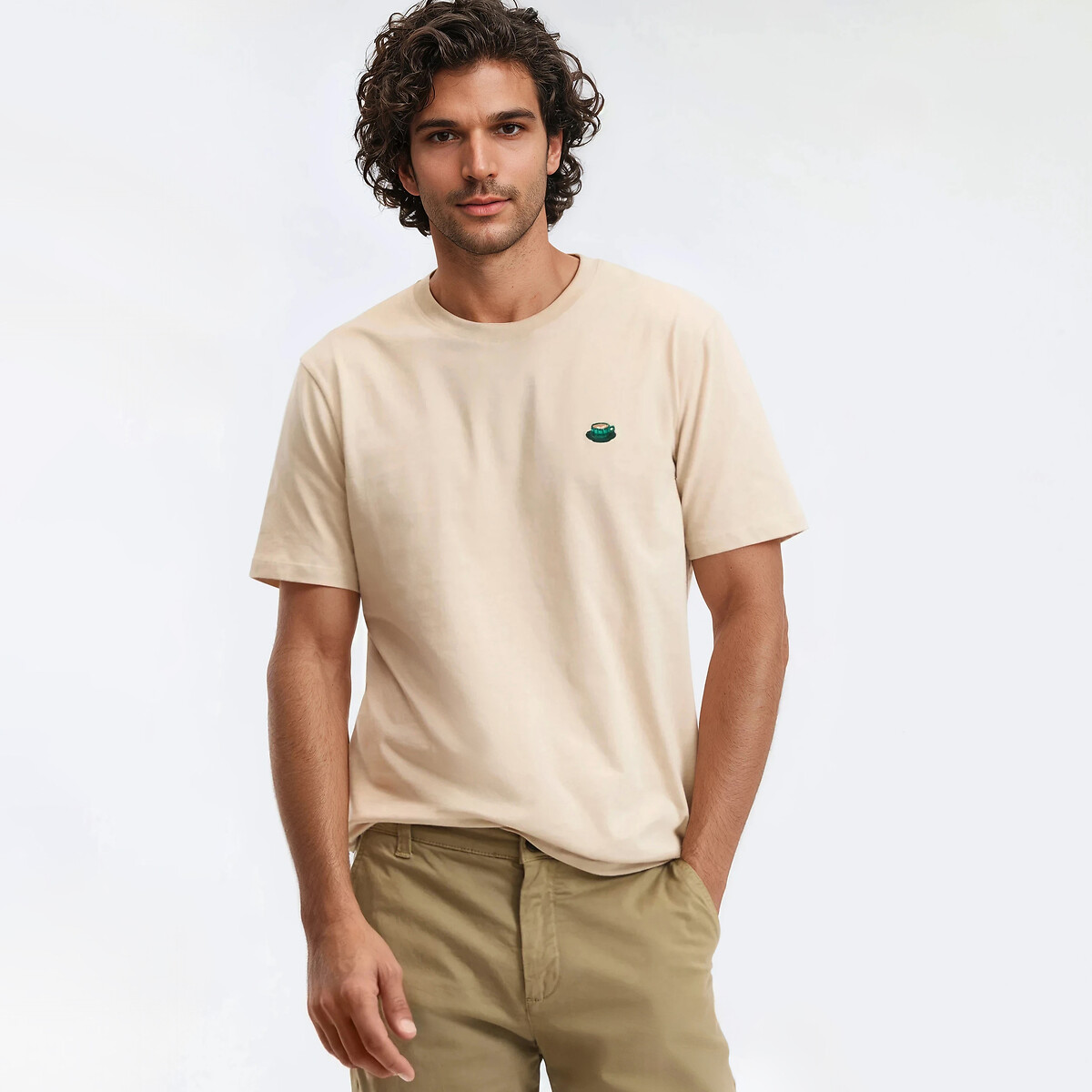 Regular Fit Crew Neck T-Shirt with Coffee Embroidery light beige, LA REDOUTE COLLECTIONS